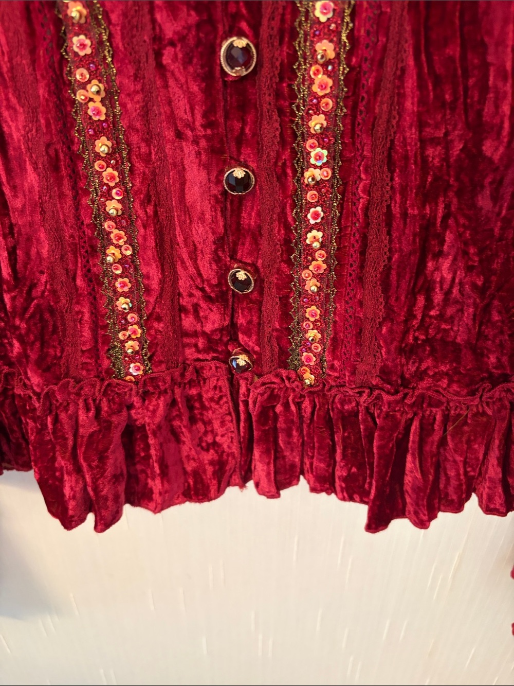 Alberto Makali Red Crushed Velvet Ruffled Blouse with Sequin Trim - Picture 5 of 8